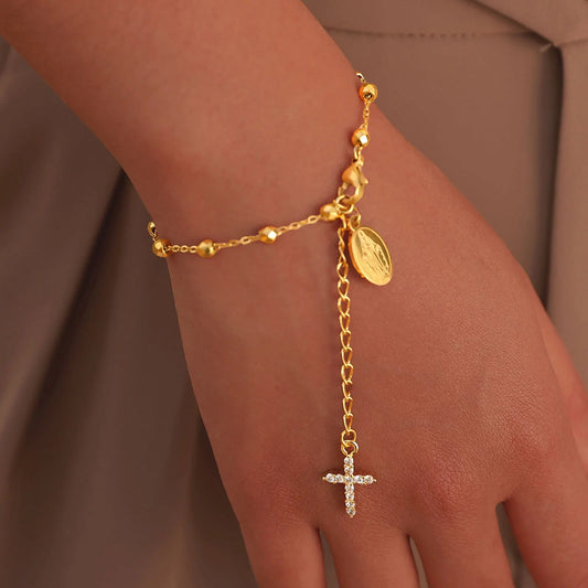 Edelstahl Kreuz Rosenkranz Armband mit Zirkonia