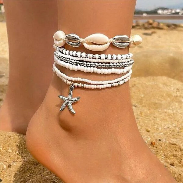 Fußkette Boho – Muschel, Seestern & Reisperlen, handgefertigt, Modell 15