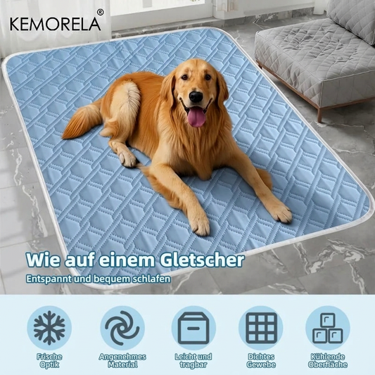 Blaue Kühlmatte mit Hund und deutschen Vorteilsbeschriftungen